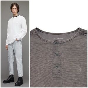 All Saints Clash Long Sleeve Henley Shirt Grey Waffle Knit 100% Cotton Tee